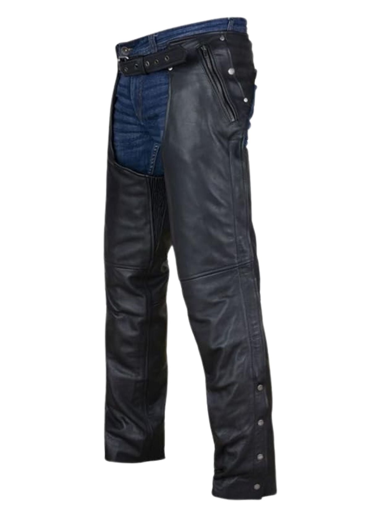 Black Leather Assless Chaps Buckle Waist Front