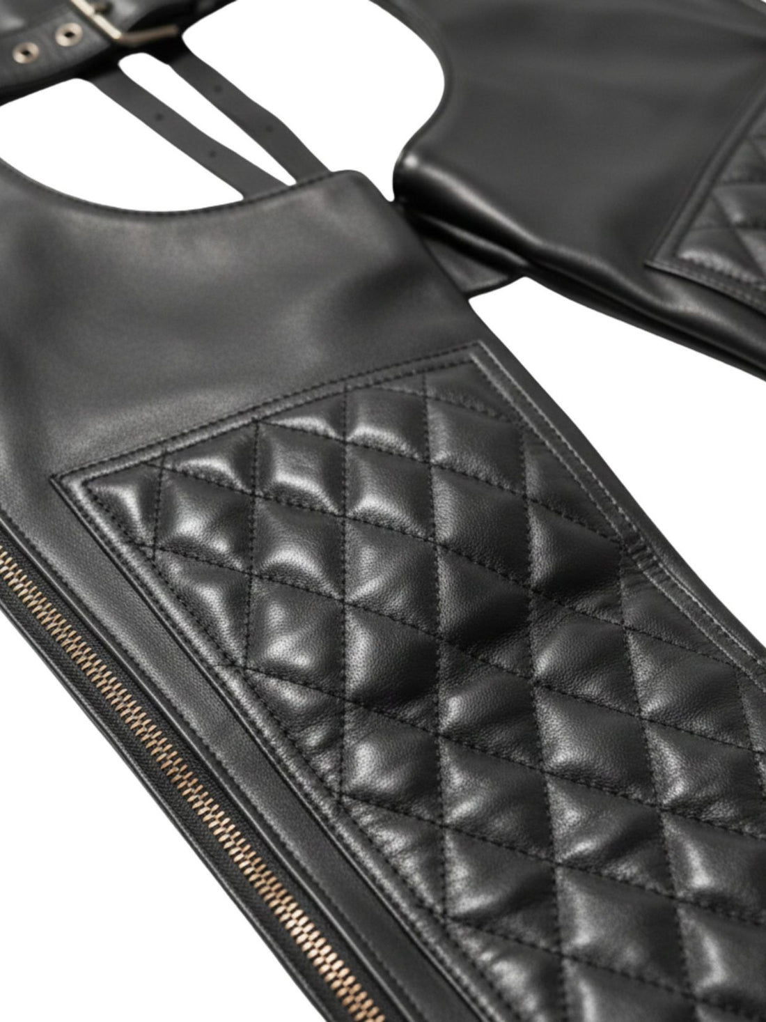 Black Leather Assless Chaps Quilted Panel Front
