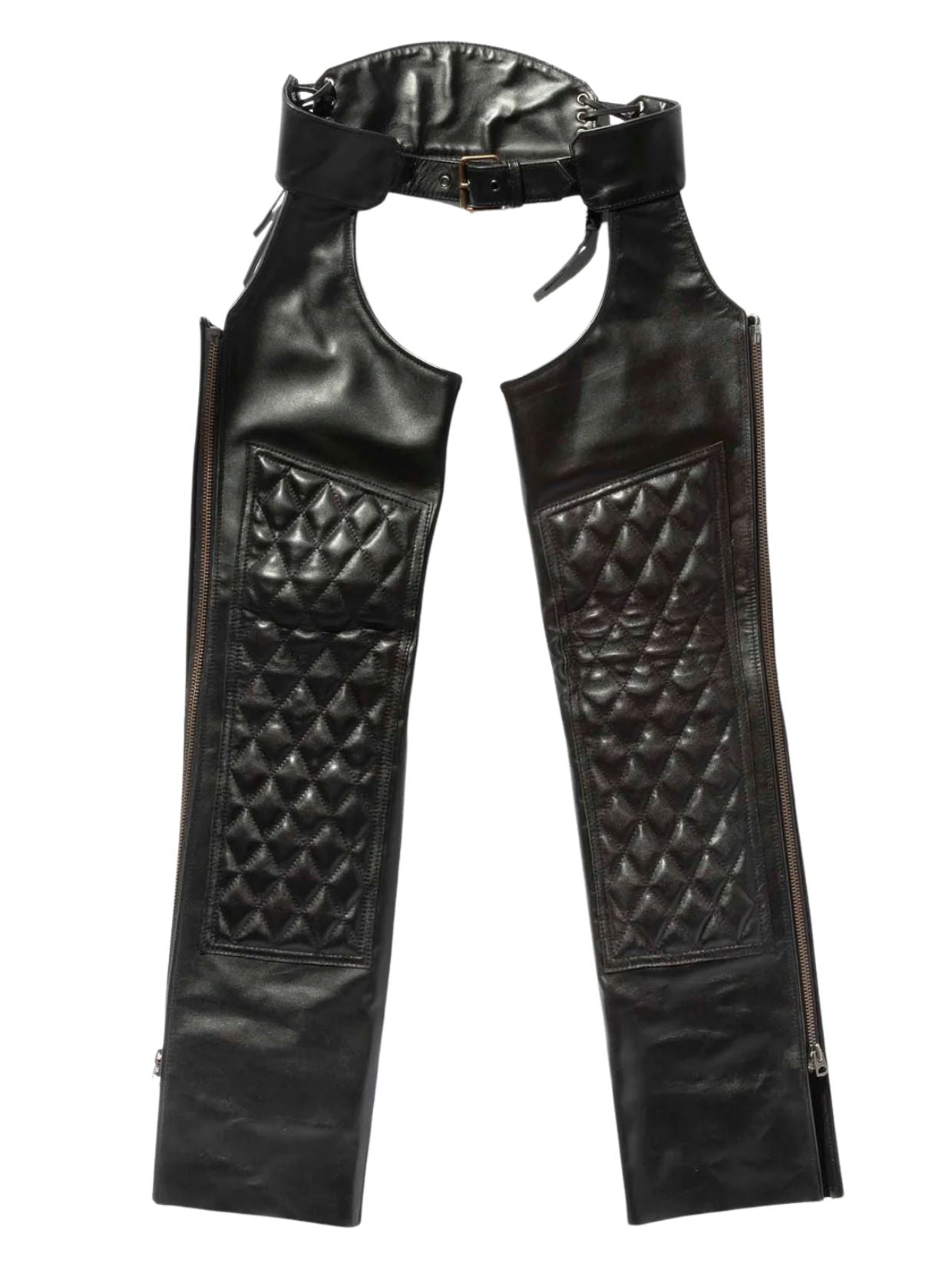 Black Leather Assless Chaps Quilted Panel Front