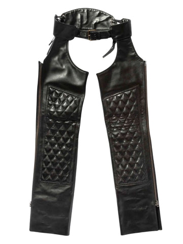 Black Leather Assless Chaps Quilted Panel Front