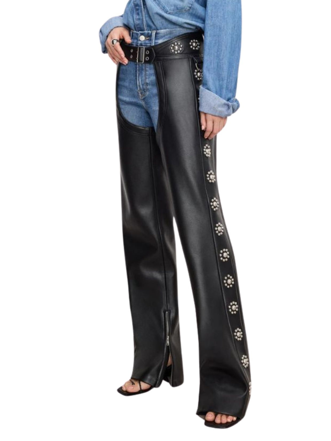 Classic Black Cowgirl Leather Studded Assless Chaps Front