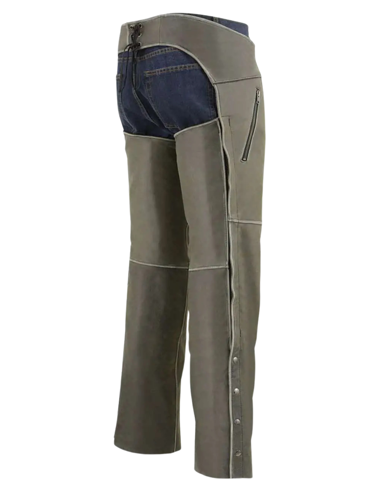Classic Grey Riding Assless Chaps with Buckle Strap Back