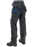 Black leather pants with fringe details on a white background