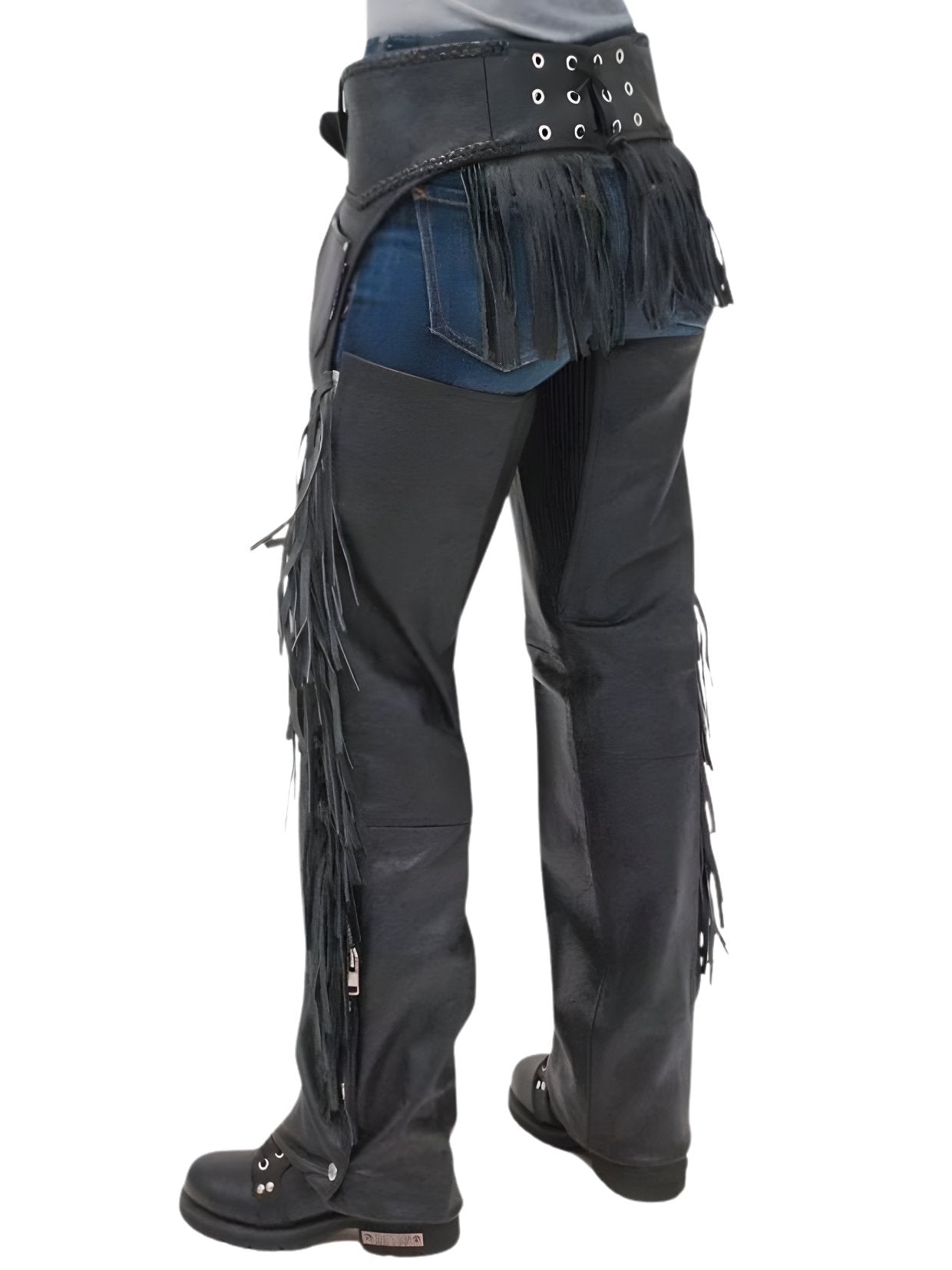 Black leather pants with fringe details on a white background