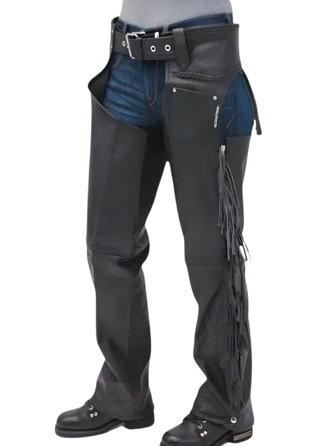 Black leather chaps with fringes on a white background