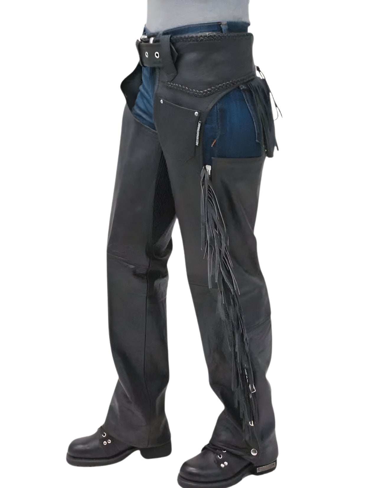 Black leather pants with fringe details on a white background