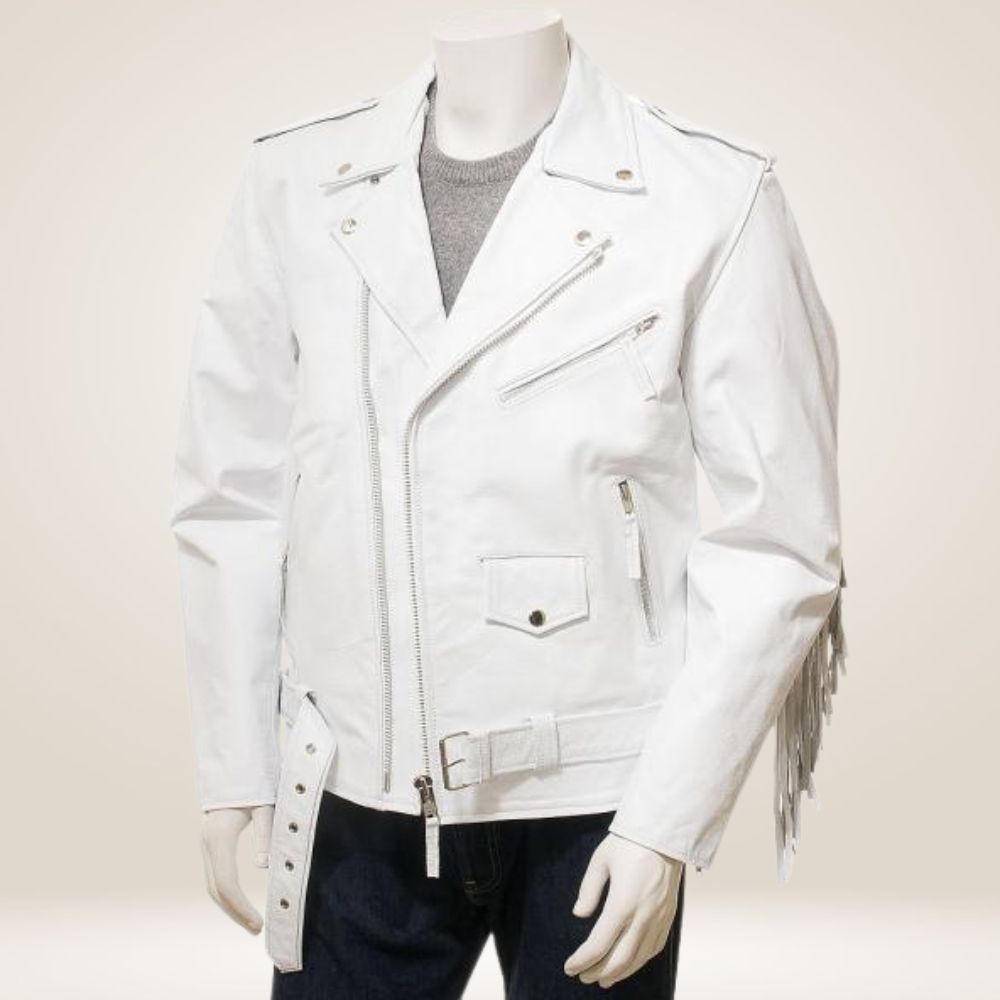 Men's White Leather Fringe Jacket 