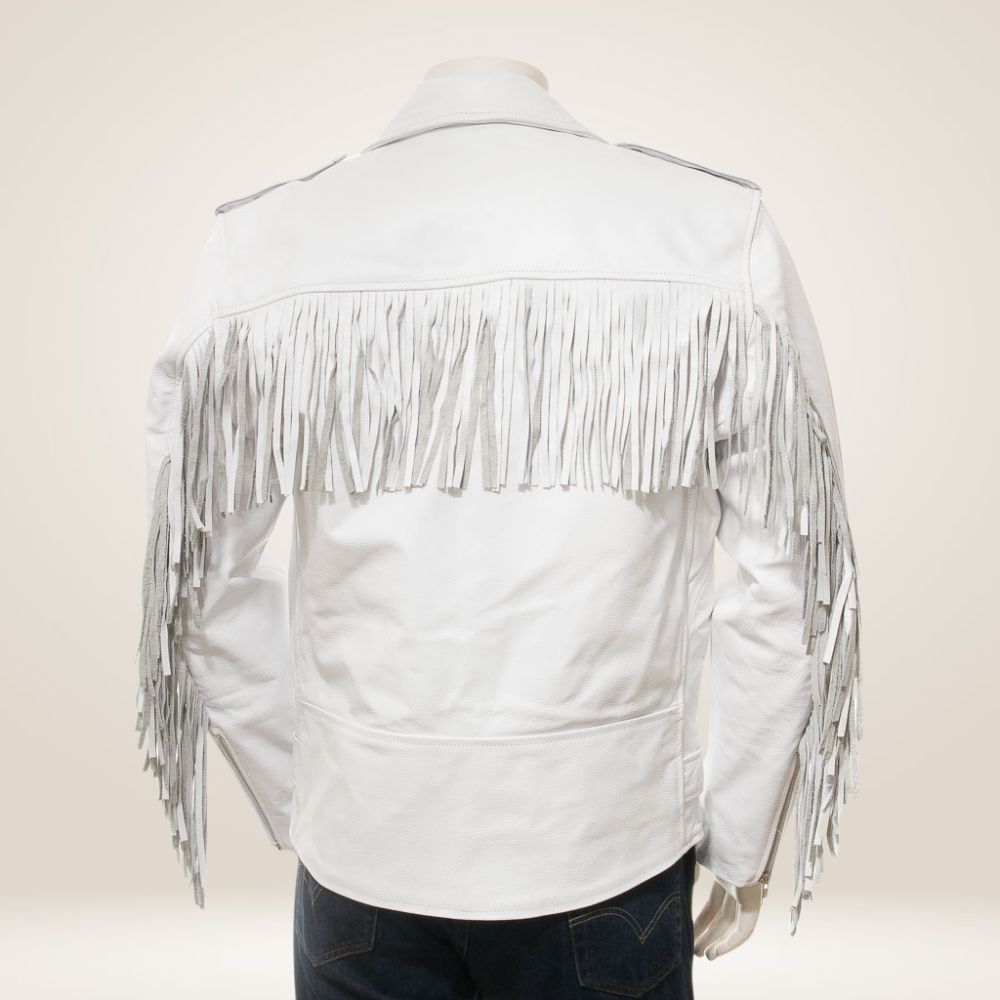 Men's White Leather Fringe Jacket 