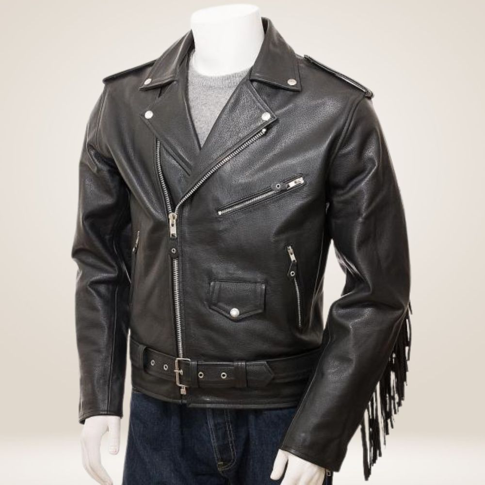 Men's Black Fringe Leather Biker Jacket