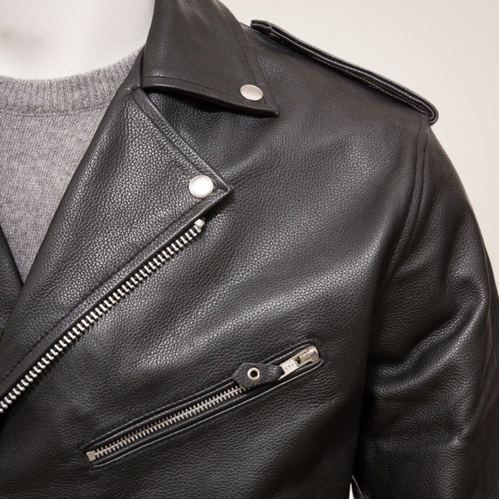 Men's Black Fringe Leather Biker Jacket Shoulder