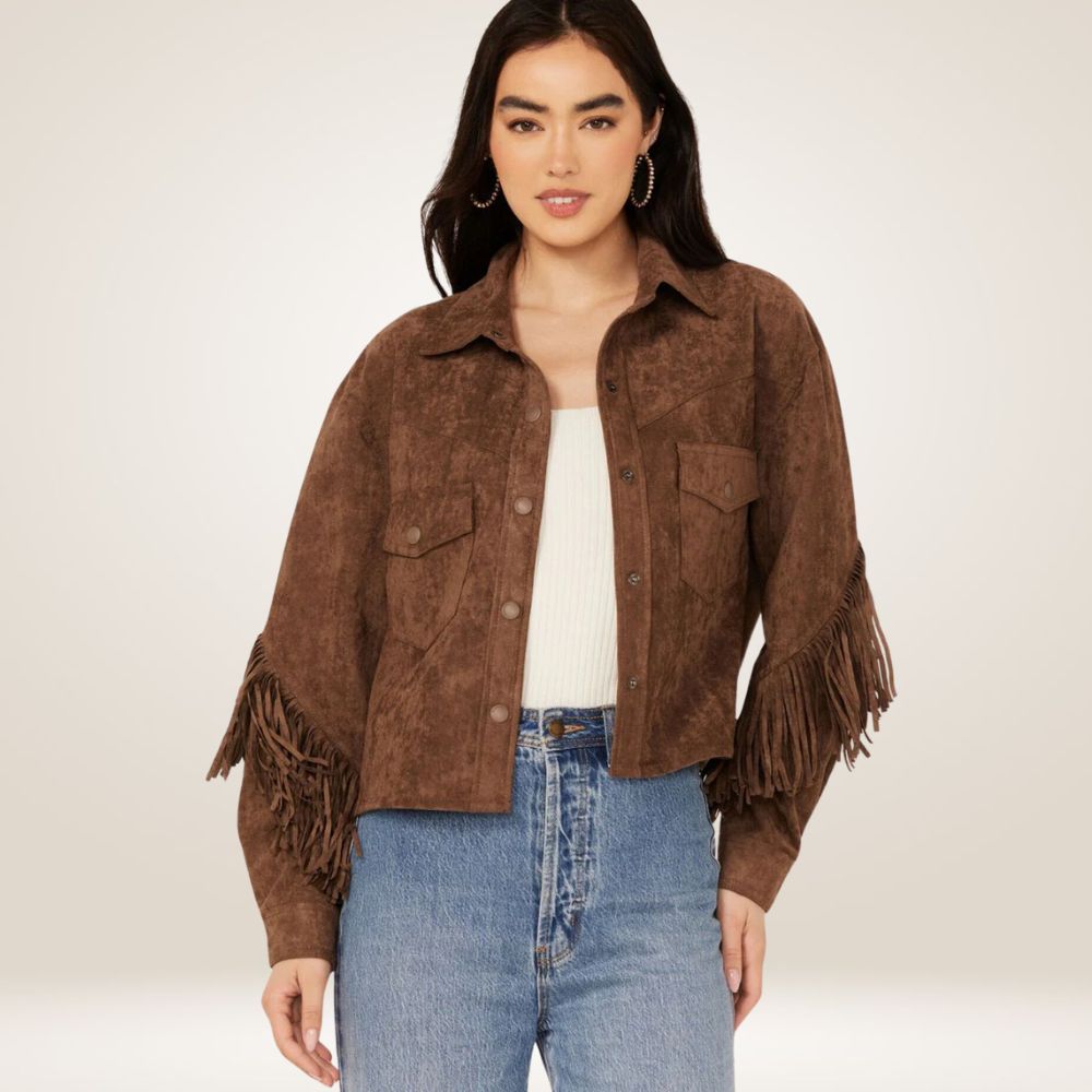 Women’s Chocolate Brown Suede Jacket with Fringes