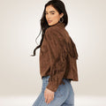Women’s Chocolate Brown Suede Jacket with Fringes Back