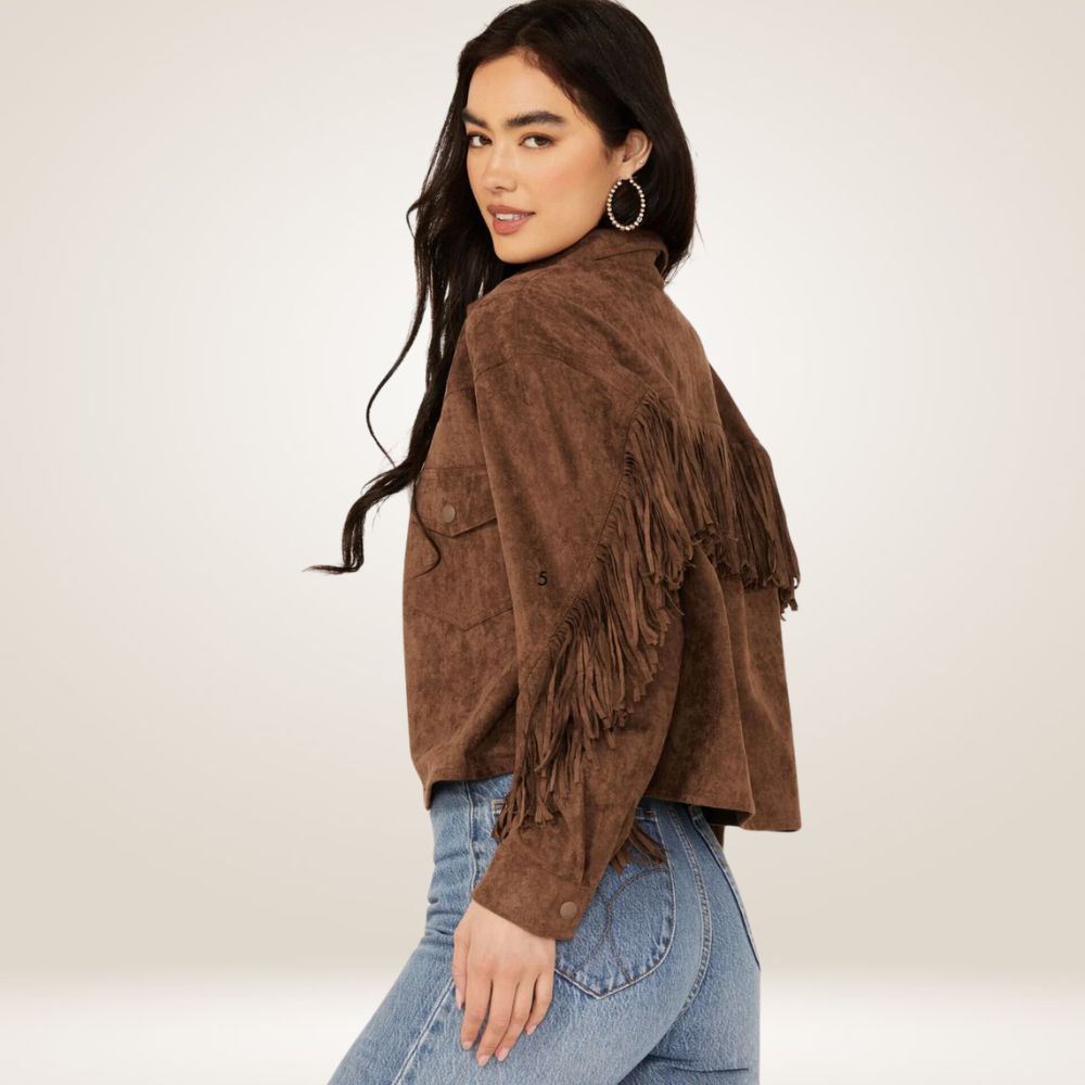 Women’s Chocolate Brown Suede Jacket with Fringes Back
