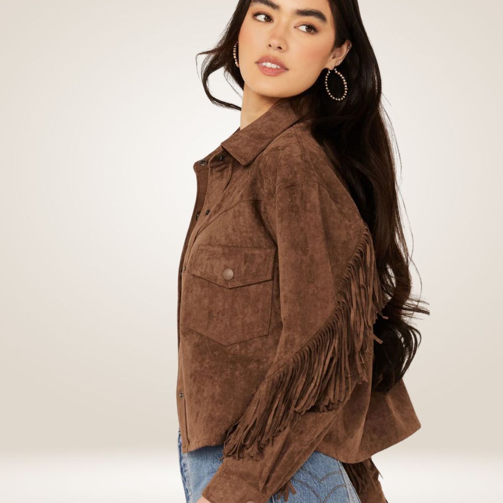 Women’s Chocolate Brown Suede Jacket with Fringes Side