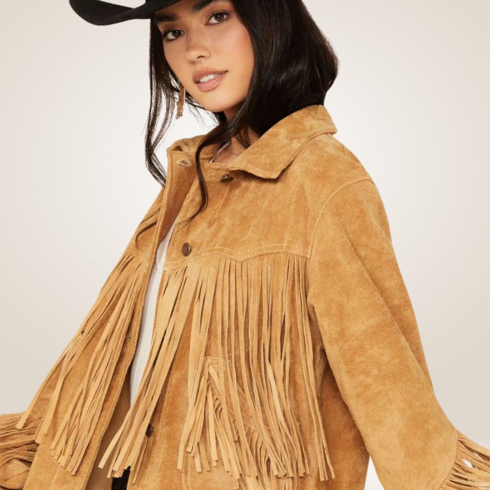 Women’s Suede Leather Western Fringe Jacket Close