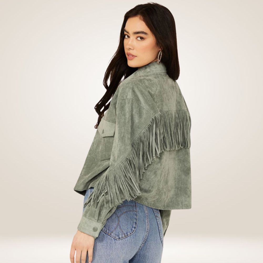 Women’s Green Western Fringes Jacket Back