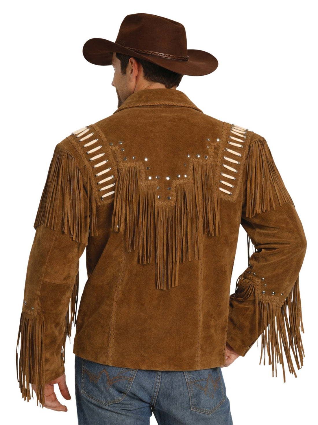 Man wearing a brown suede jacket with fringes and a cowboy hat on a white background