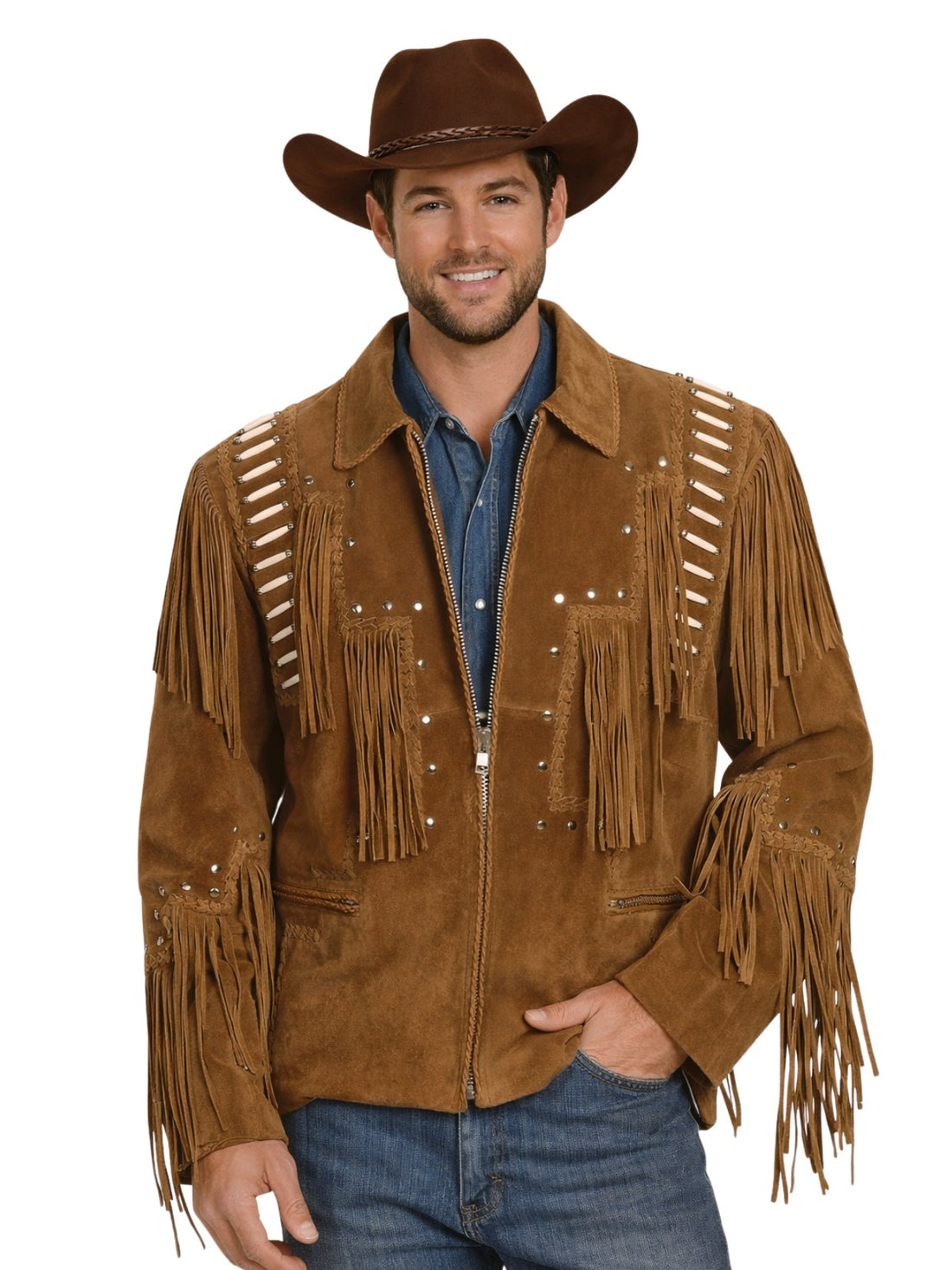 Man wearing a brown suede jacket with fringes and a cowboy hat on a white background