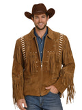 Man wearing a brown suede jacket with fringes and a cowboy hat on a white background