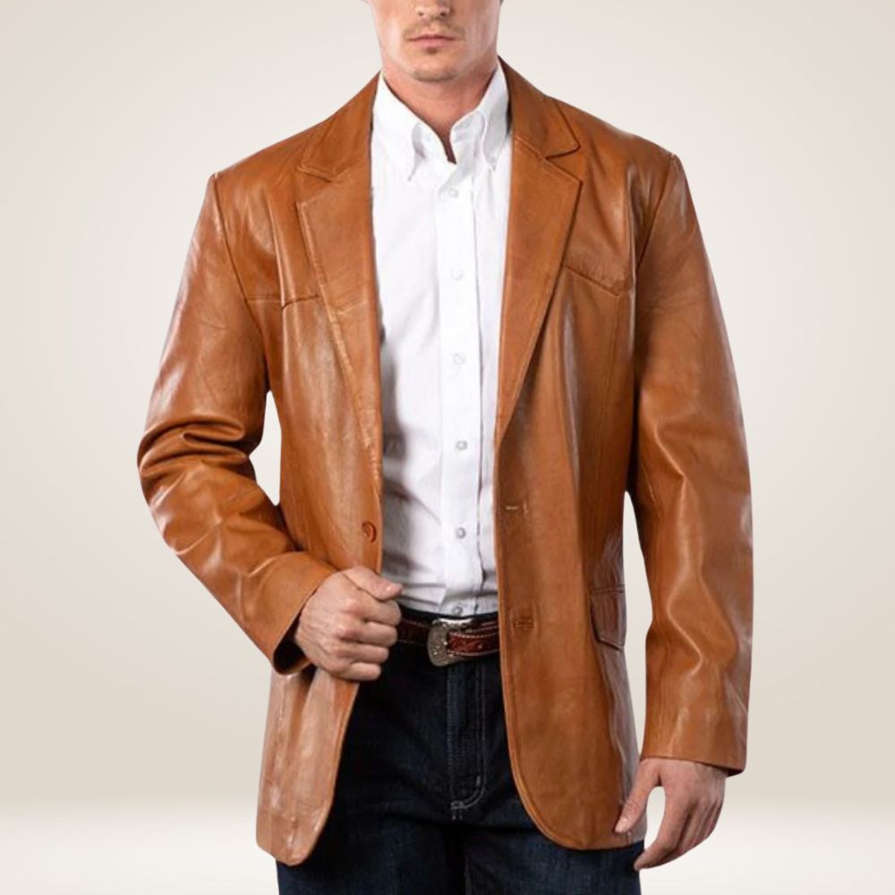 Tan Lambskin Leather Blazer Close