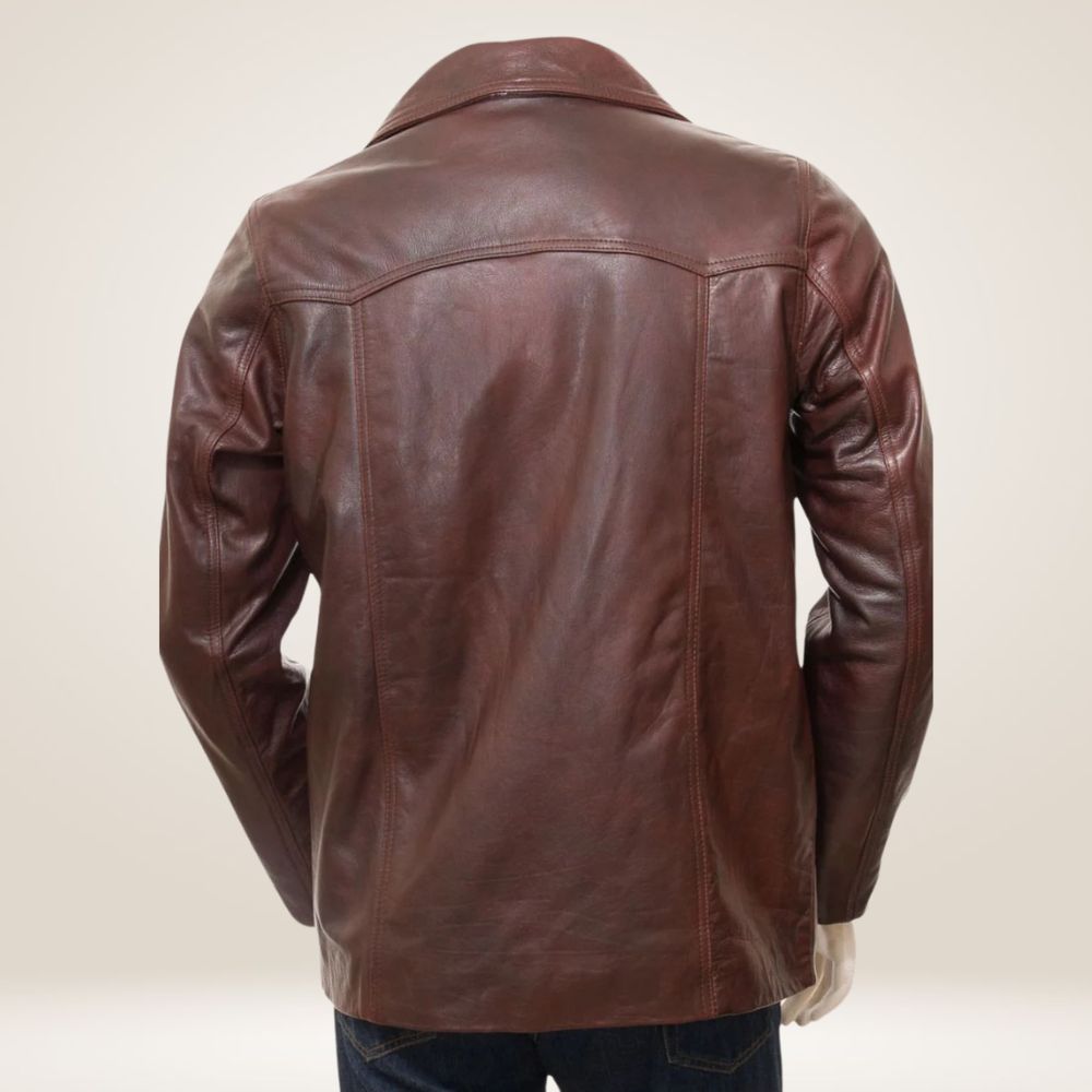 Distressed Brown Leather Coat Back