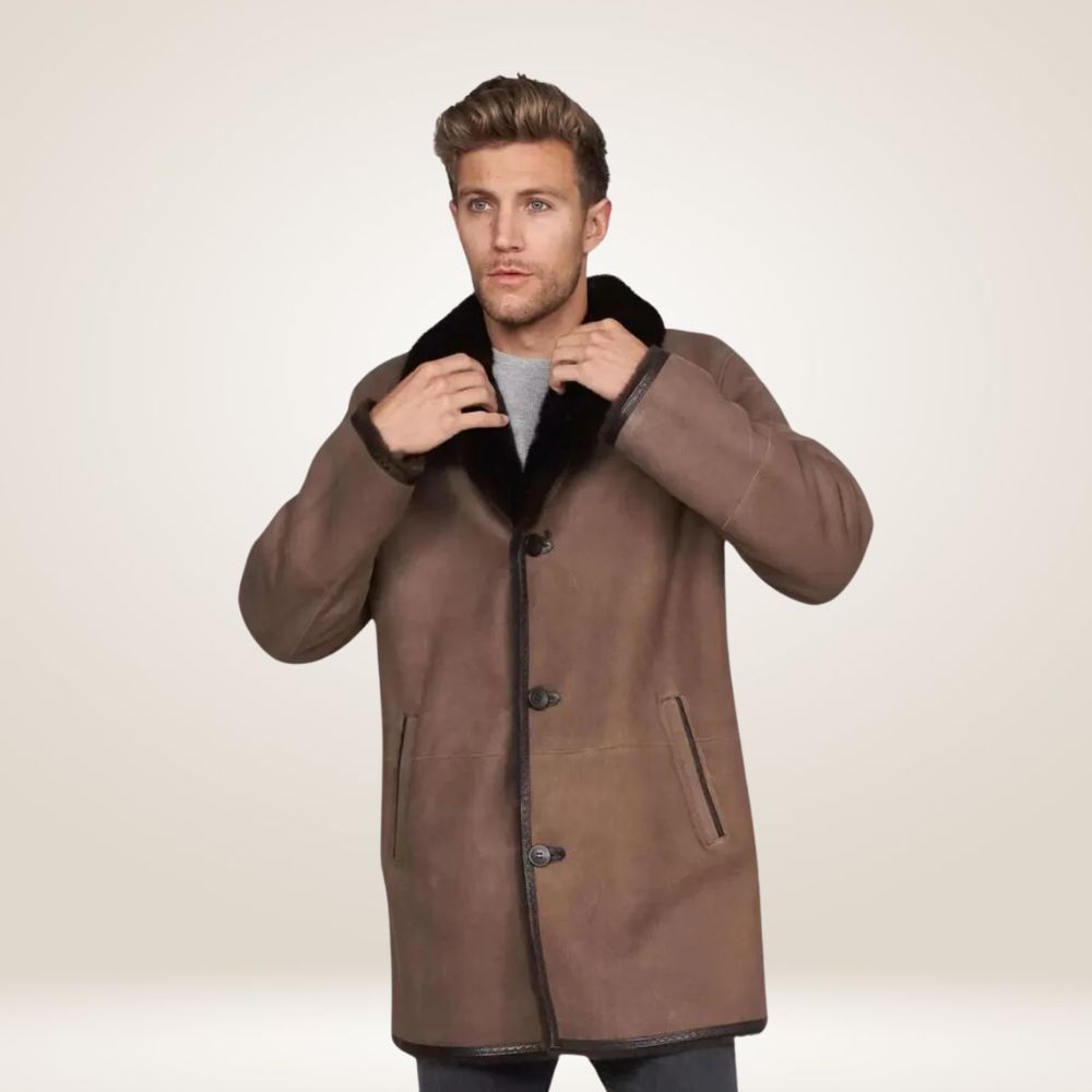 Shearling Leather Jacket with Luxurious Fur Collar Front pose