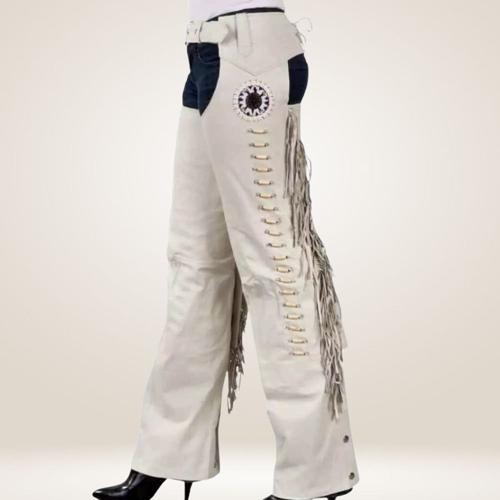 Authentic White Leather Chaps with Fringe