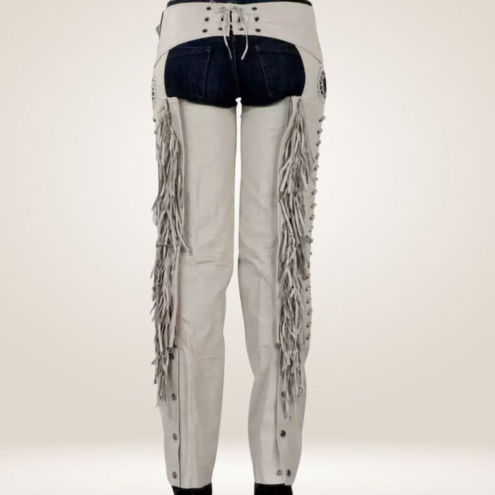 Authentic White Leather Chaps with Fringe