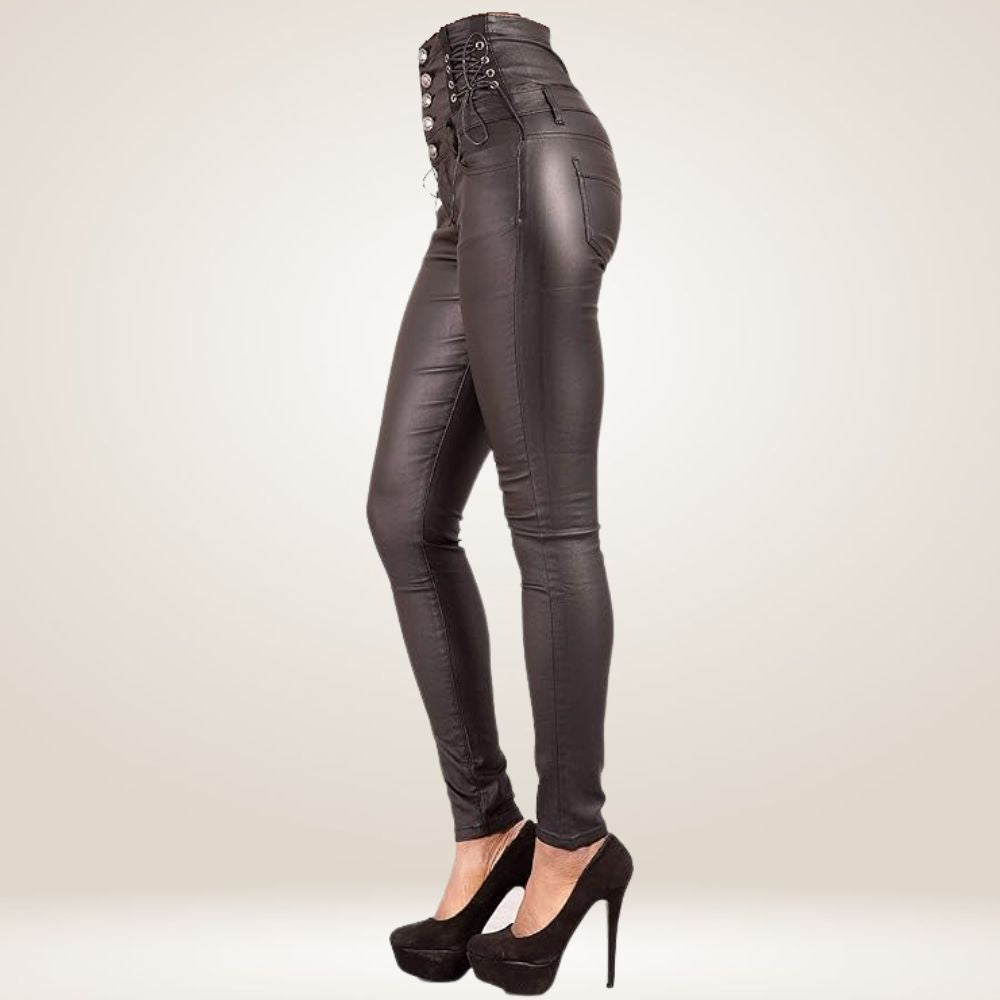 Lusty Chic Women’s High-Waisted Leather Look Trousers Side