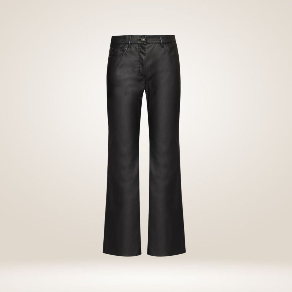 Women's Black Leather Flared Pants Front