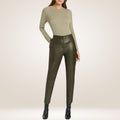 Women's Olive Green Leather Pants Front