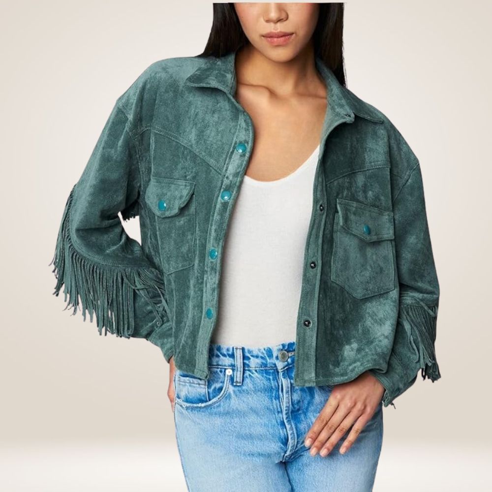 Sea Green Suede Fringe Leather Shirt Jacket for Women