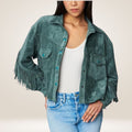 Sea Green Suede Fringe Leather Shirt Jacket for Women