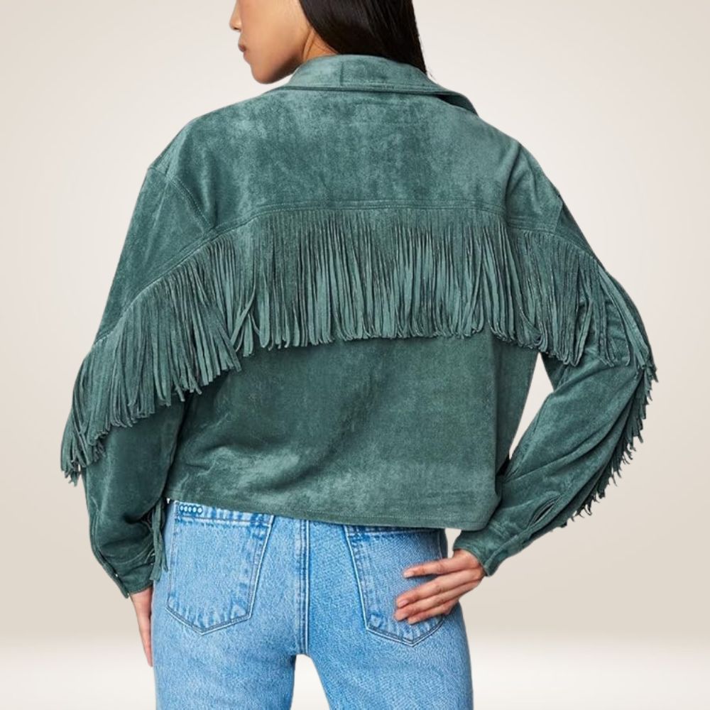 Sea Green Suede Fringe Leather Shirt Jacket for Women Back