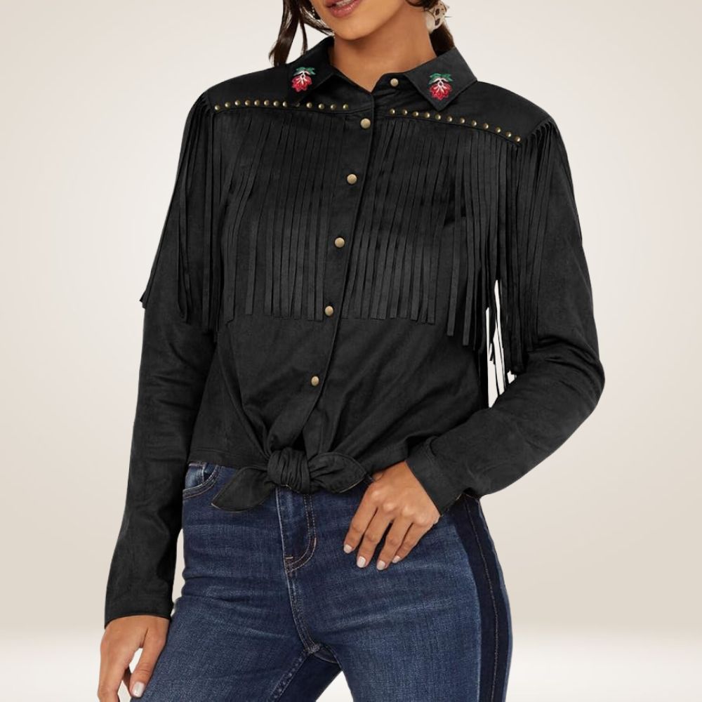 Women’s Suede Fringe Long Sleeve Western Shirt