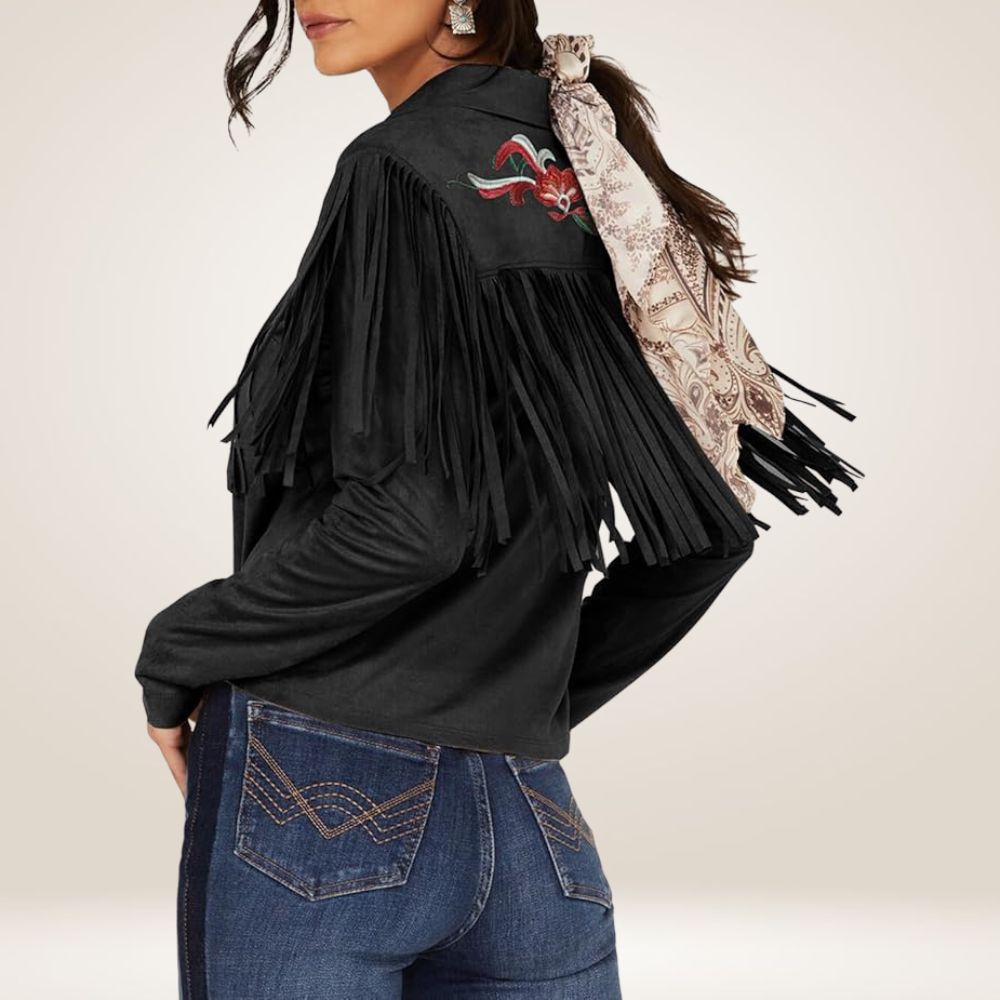 Women’s Suede Fringe Long Sleeve Western Shirt Back