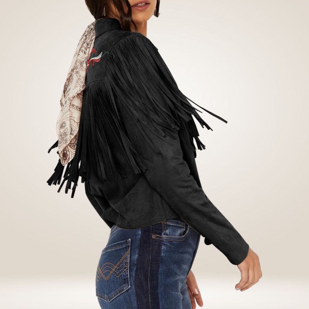 Women’s Suede Fringe Long Sleeve Western Shirt Side