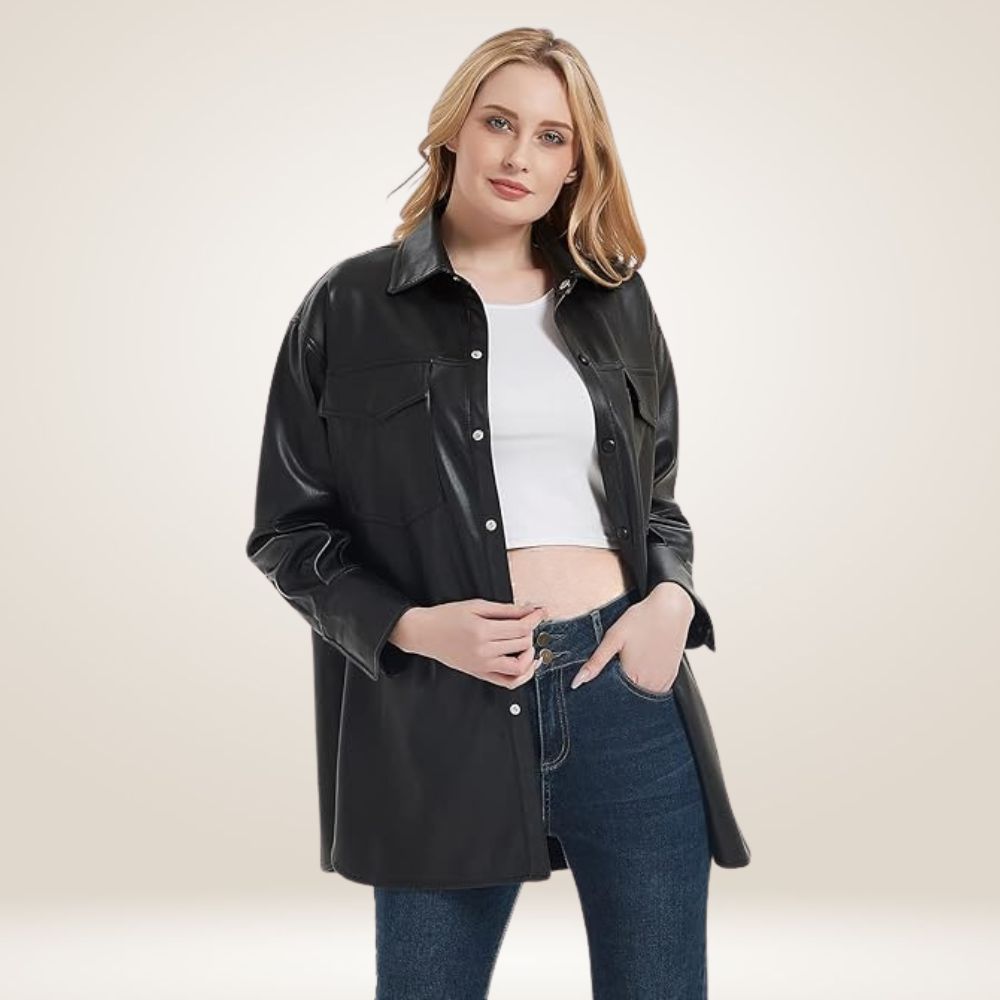 Women’s Oversized Black Leather Shirt Jacket