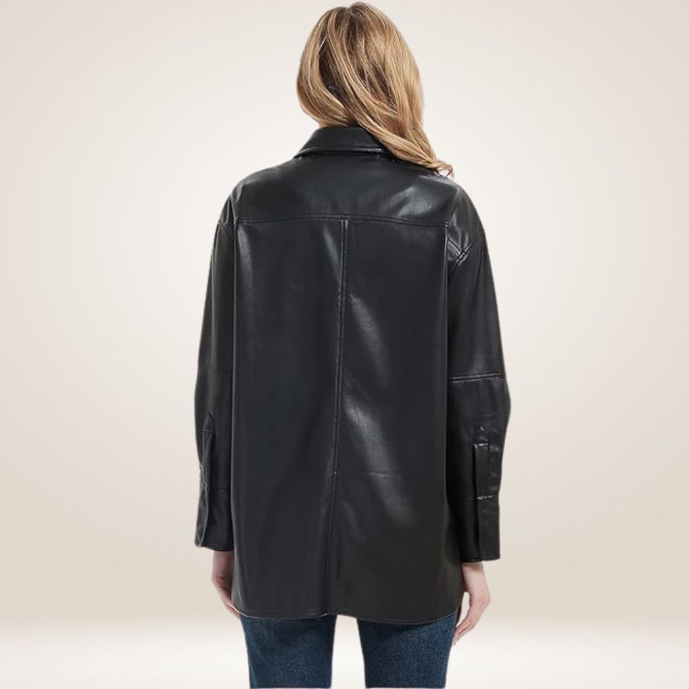Women’s Oversized Black Leather Shirt Jacket Back