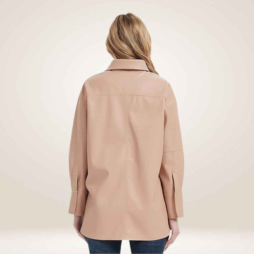 Women’s Pink Leather Blazer Shacket for Spring & Fall Fashion Back