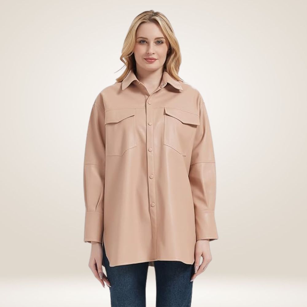 Women’s Pink Leather Blazer Shacket for Spring & Fall Fashion Front
