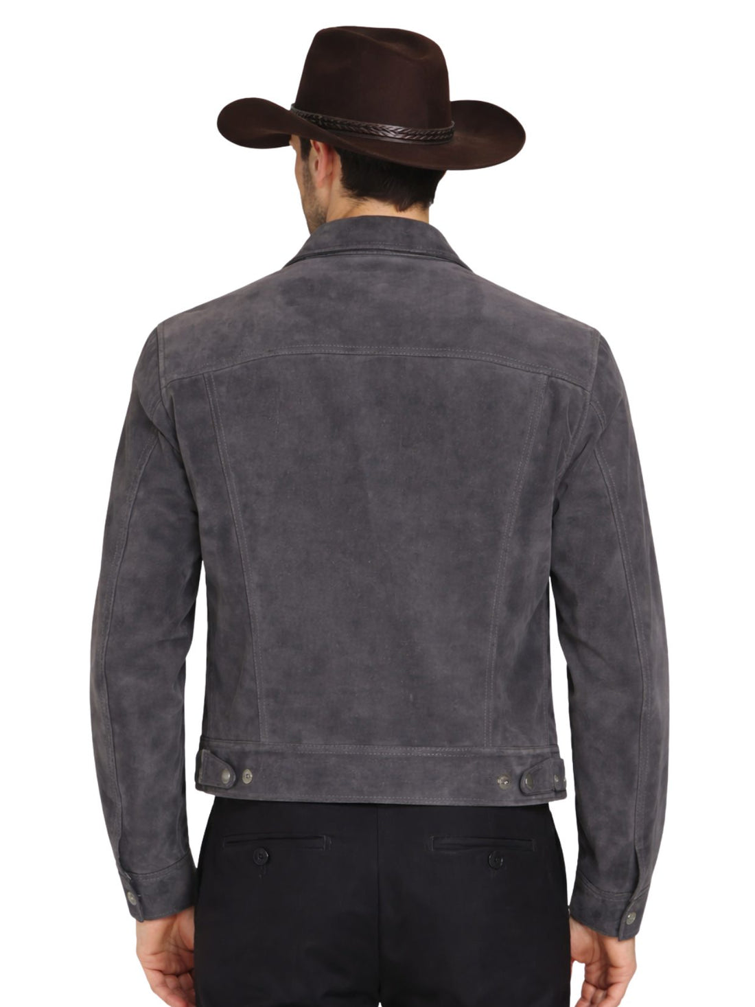 Man wearing agreyish blue suede jacket and cowboy hat on a white background
