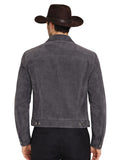 Man wearing a gray suede jacket and brown cowboy hat on a white background