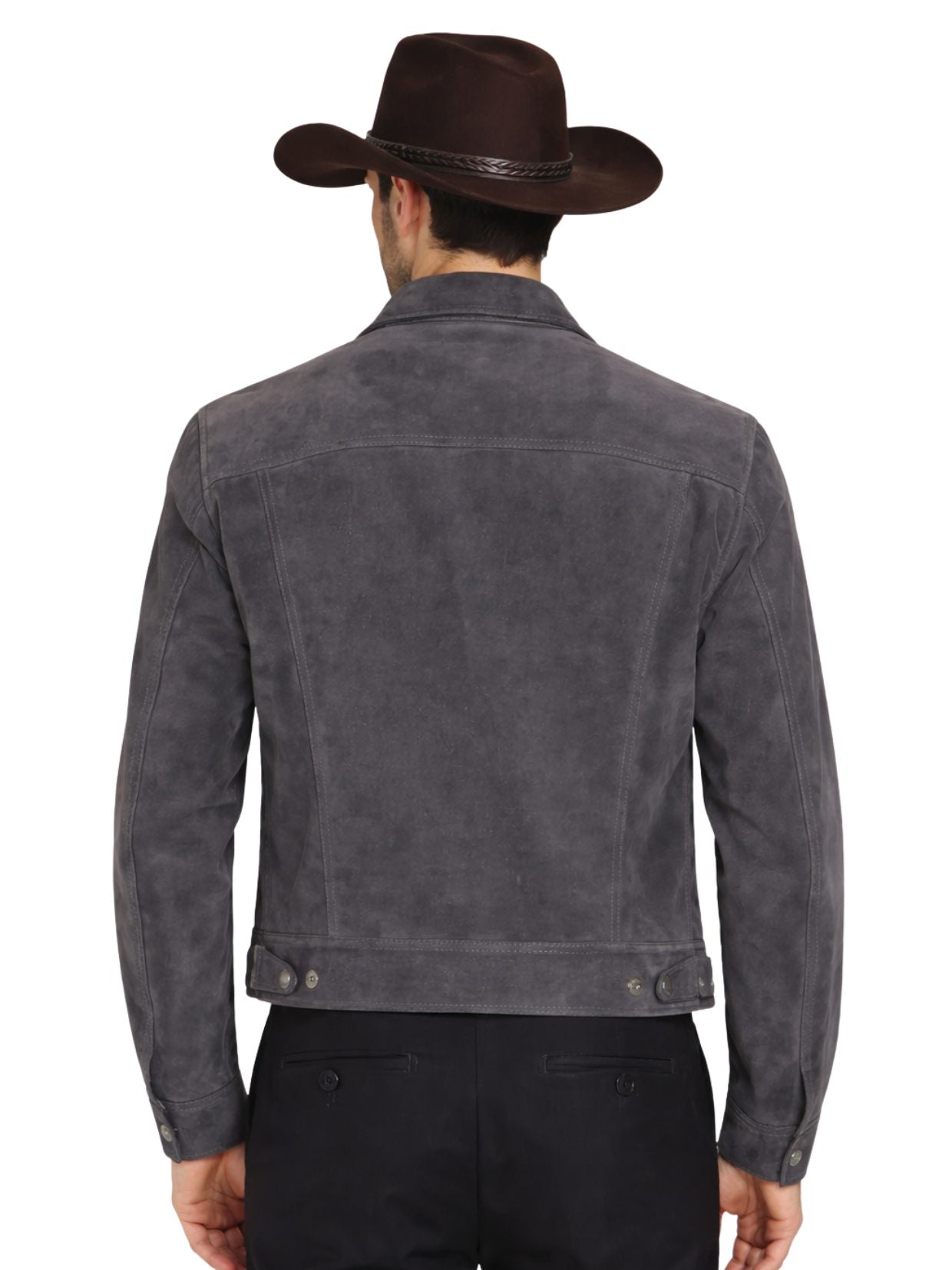 Man wearing a gray suede jacket and brown cowboy hat on a white background