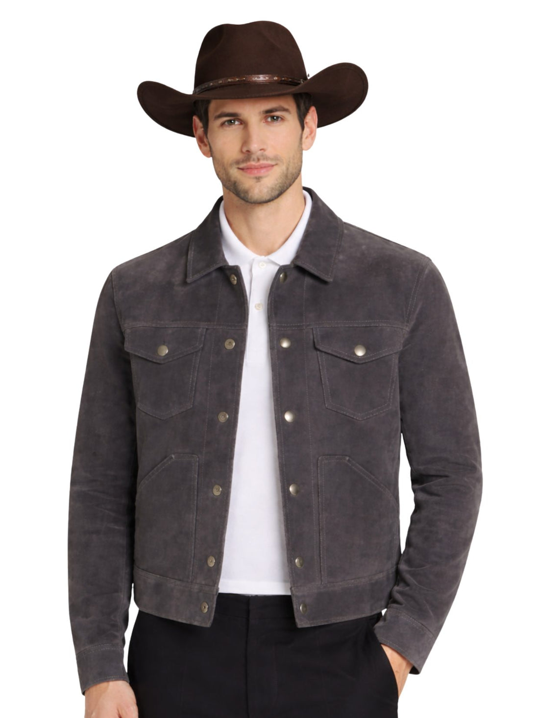 Man wearing agreyish blue suede jacket and cowboy hat on a white background