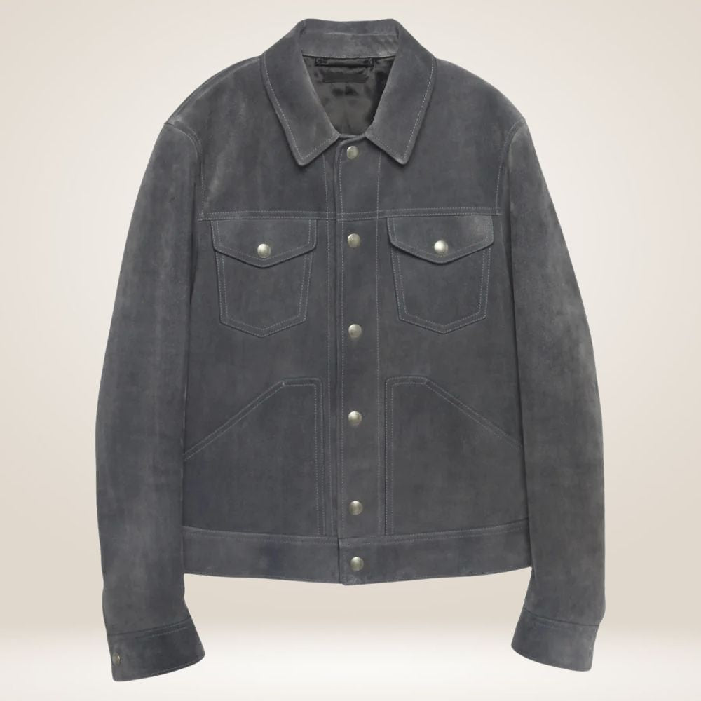 Modern Suede Denim Jacket in Greyish Blue Jacket