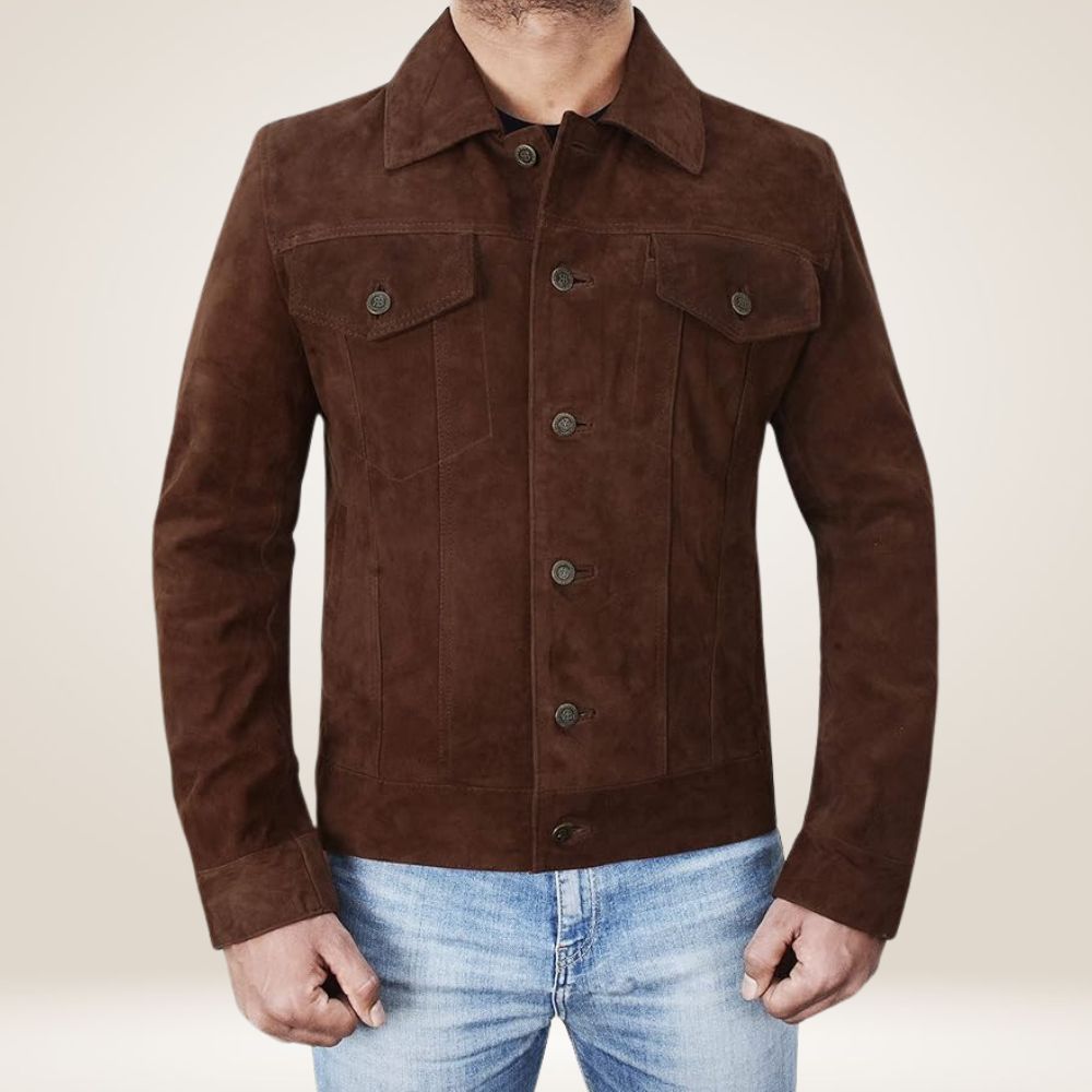 Classic Dark Brown Suede Trucker Jacket