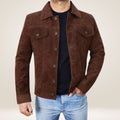 Classic Dark Brown Suede Trucker Jacket Front