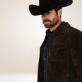Men’s Brown Suede Trucker Jacket Close