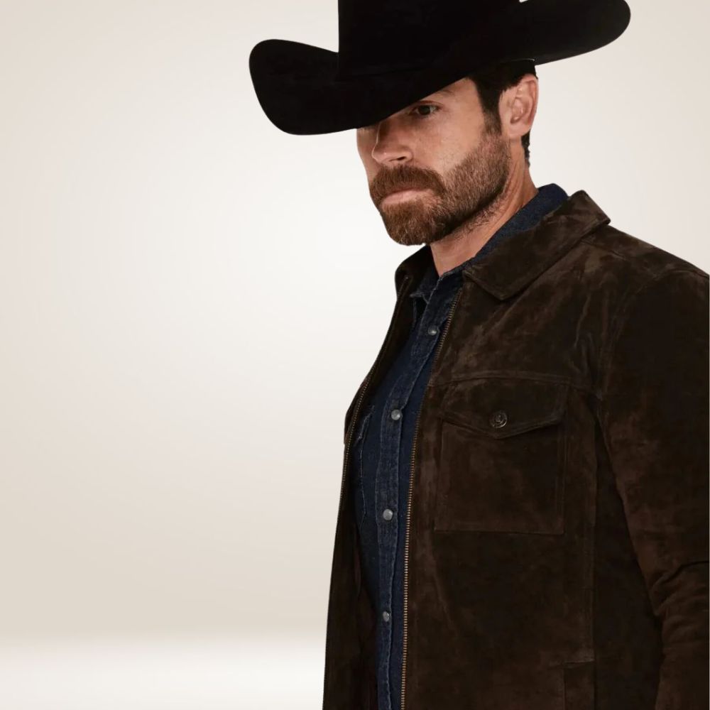 Men’s Brown Suede Trucker Jacket Close
